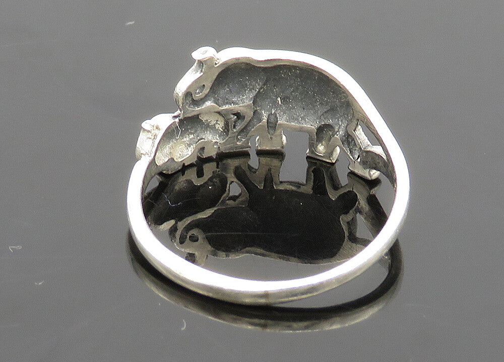 925 Sterling Silver  Vintage Shiny Elephant Mom & Baby Band Ring Sz 5  RG20988