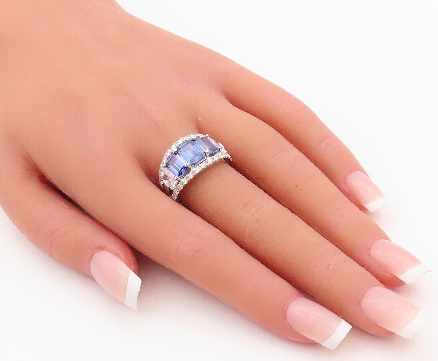 925 Sterling Silver Vintage Ring Designer Cutout Sapphire & Topaz Sz 7.5 RG30058