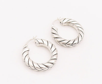 925 Sterling Silver Vintage Earrings Solid Twisted Rope Etched Hoops  EG13088
