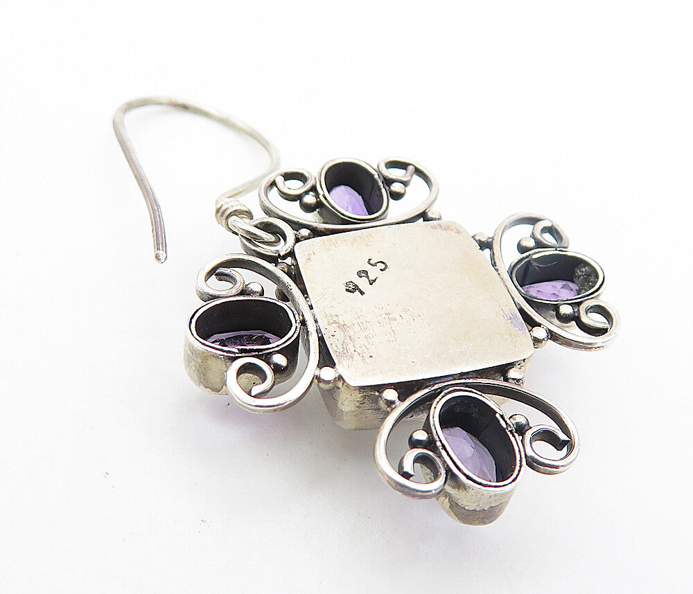 925 Sterling Silver  Vintage Square Pearl & Amethyst Drop Earrings  EG3083