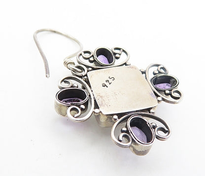 925 Sterling Silver  Vintage Square Pearl & Amethyst Drop Earrings  EG3083