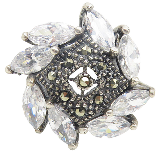 925 Silver  Vintage Cubic Zirconia & Marcasite Cocktail Ring Sz 8  RG11198
