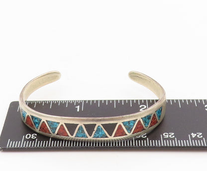 925 Sterling Silver Vintage Bracelet NAVAJO ZUNI Multi Gemstone Inlay  BT11591