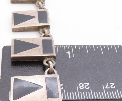 MEXICO 925 Sterling Silver Vintage Inlaid Black Stone Chain Necklace  NE1967