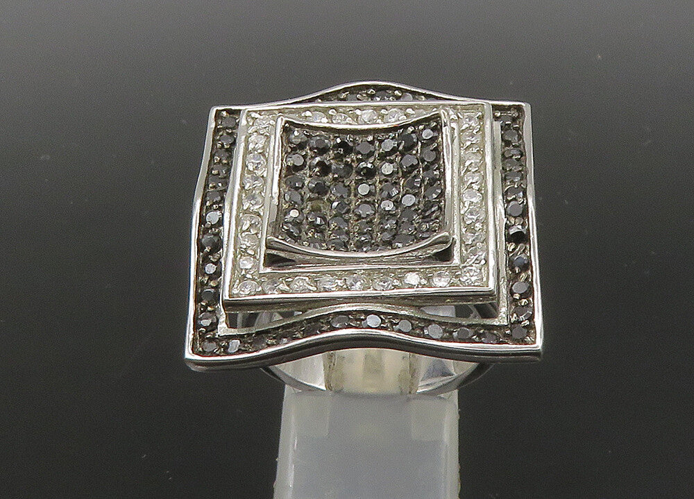925 Silver  Vintage Cubic Zirconia & Black Spinel Cocktail Ring Sz 9  RG22746