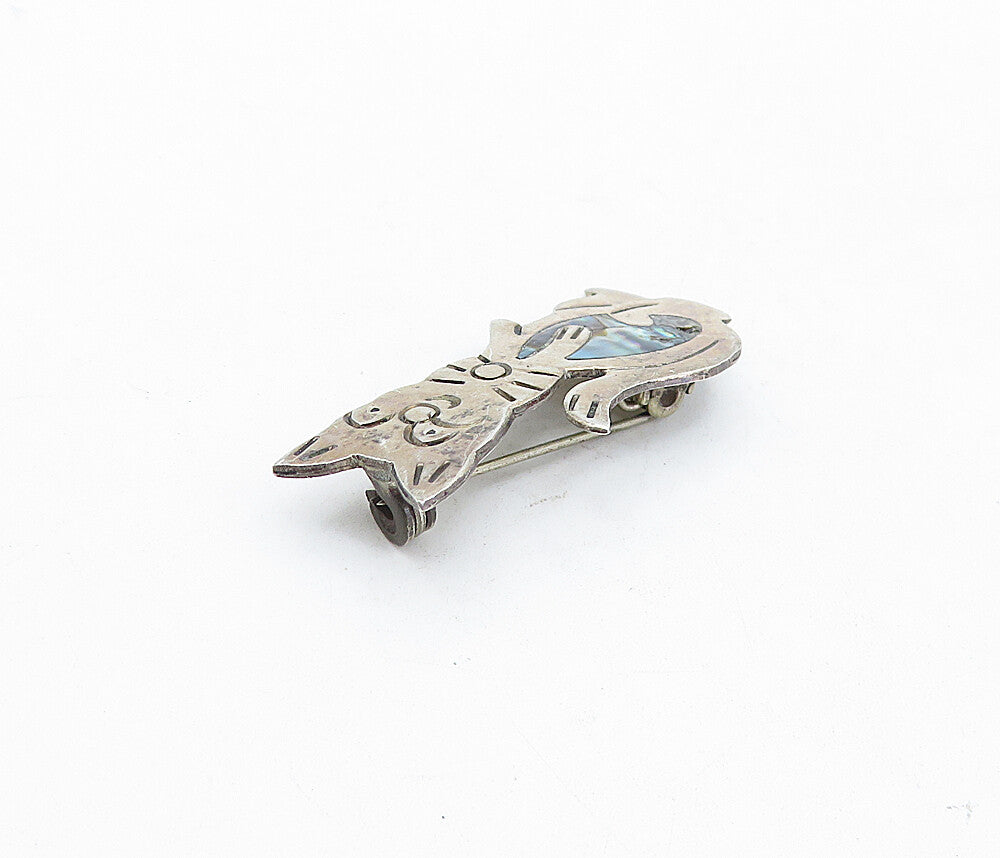 MEXICO 925 Sterling Silver  Vintage Abalone Sitting Cats Brooch Pin  BP1250