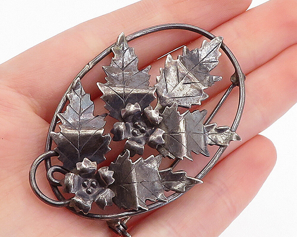 925 Sterling Silver  Vintage Antique Oxidized Floral Leaves Brooch Pin  BP1128