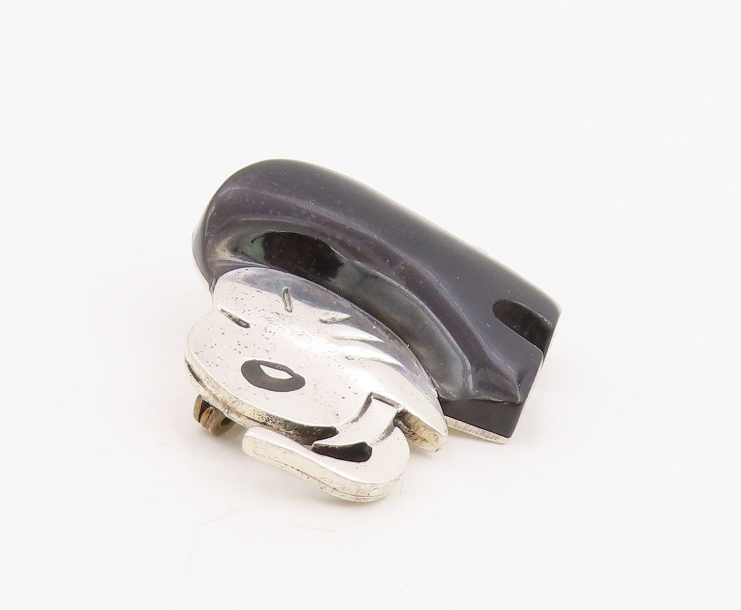 925 Sterling Silver Vintage Brooch Pin MEXICO Onyx Modernist Elephant  BP12288
