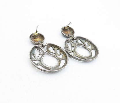925 Sterling Silver  Vintage Dark Tone Cutout Design Drop Earrings  EG2633
