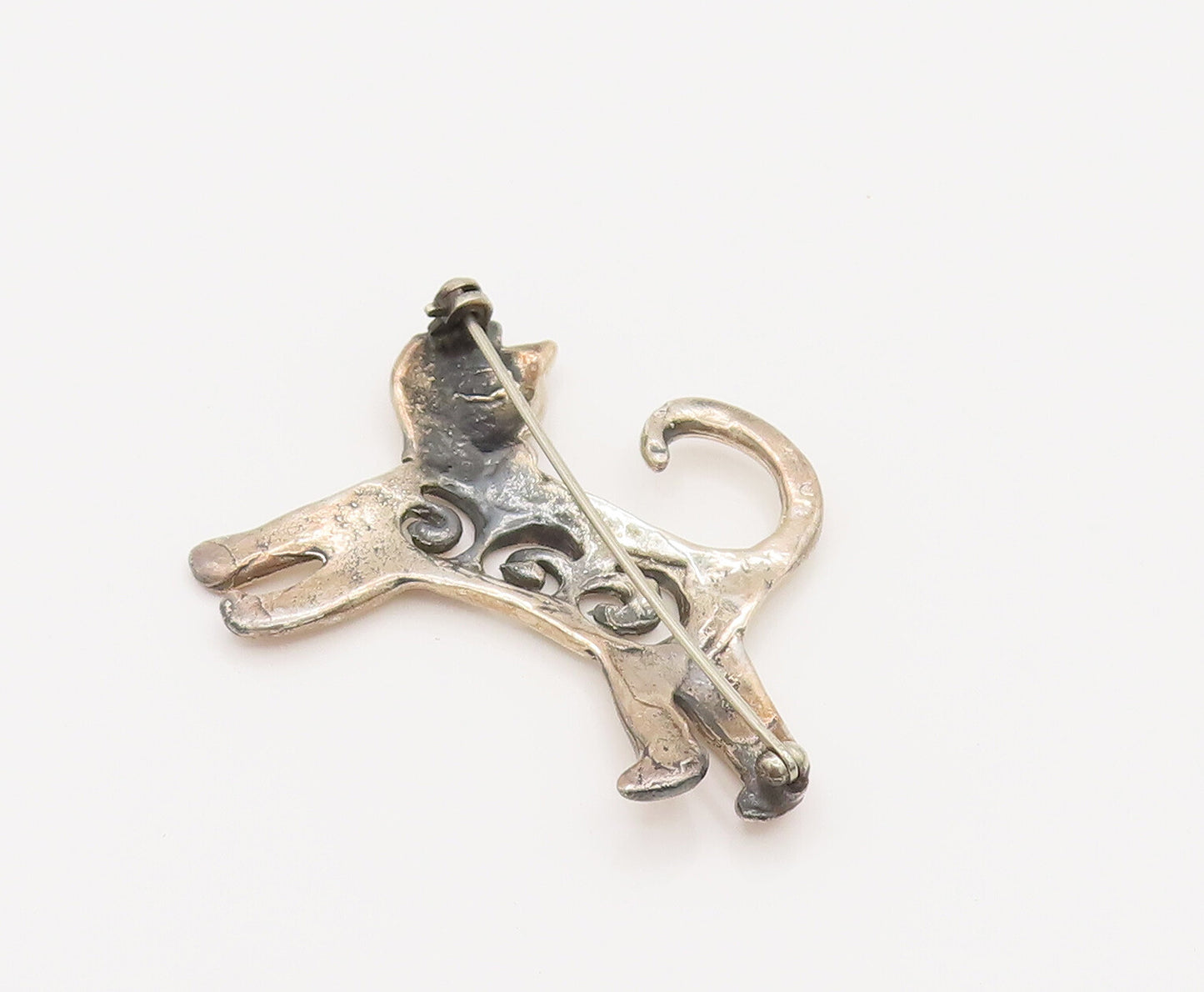 925 Sterling Silver  Vintage Open Spirals Kitty Cat Brooch Pin  BP10156