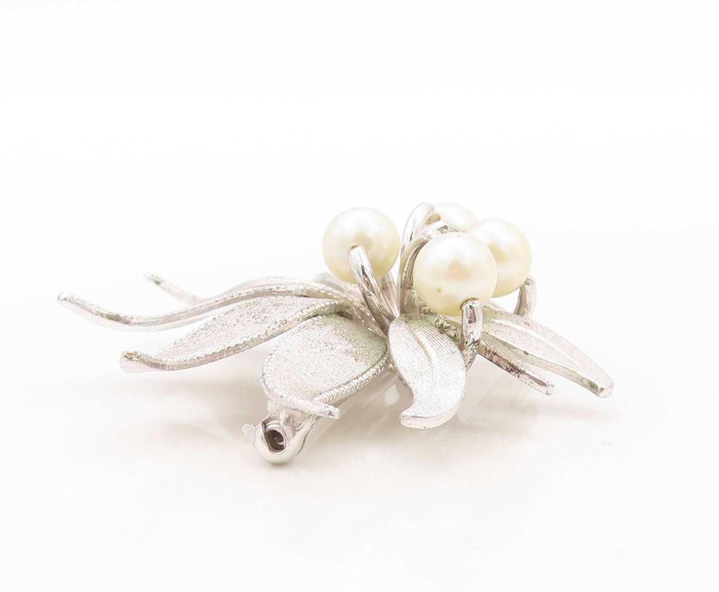 925 Sterling Silver Vintage Brooch Pin Designer Pearl Cutout Flower  BP11270