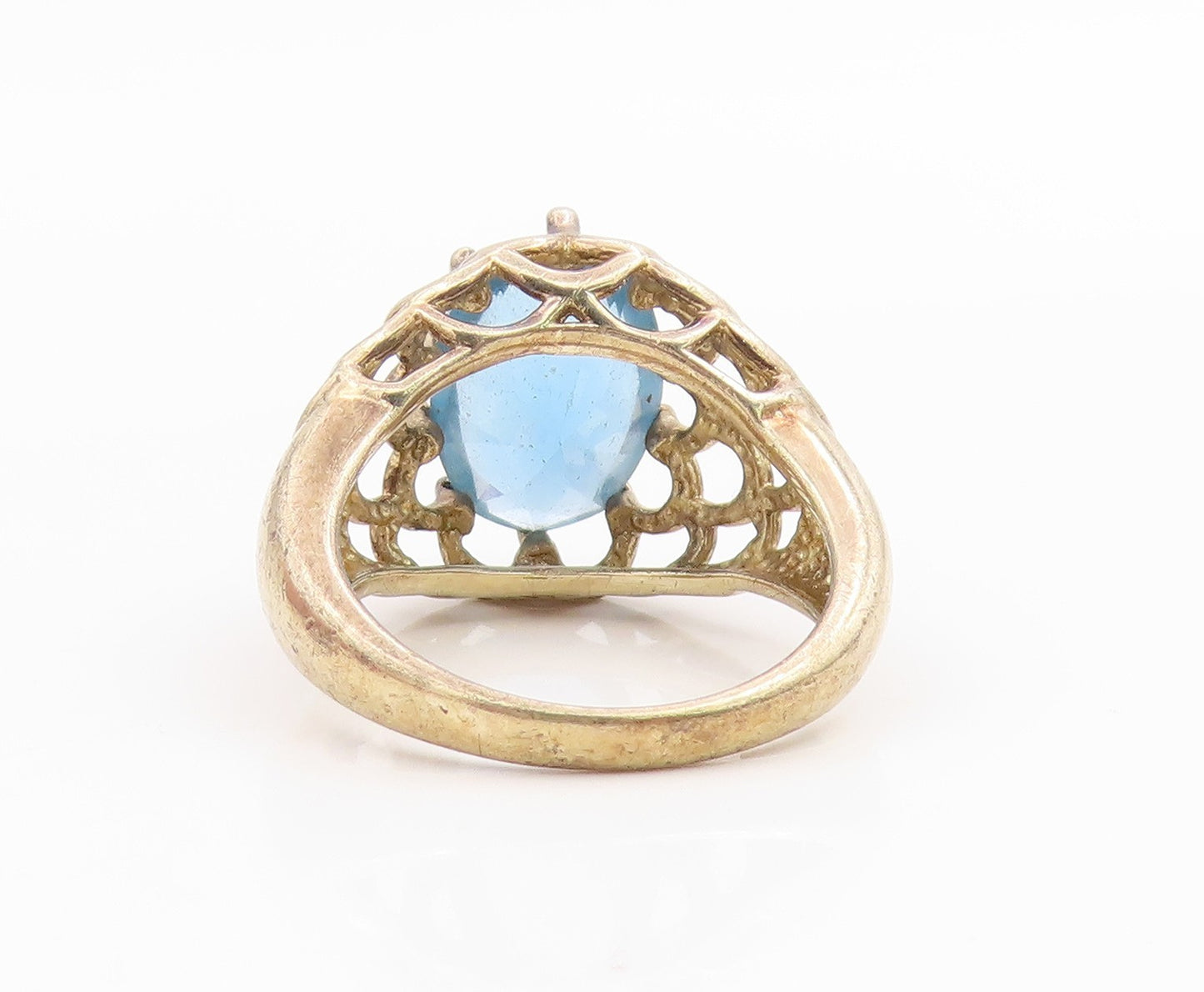 925 Sterling Silver Vintage Ring Gold Plated Blue Topaz Openwork  Sz 8  RG35694