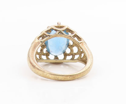 925 Sterling Silver Vintage Ring Gold Plated Blue Topaz Openwork  Sz 8  RG35694