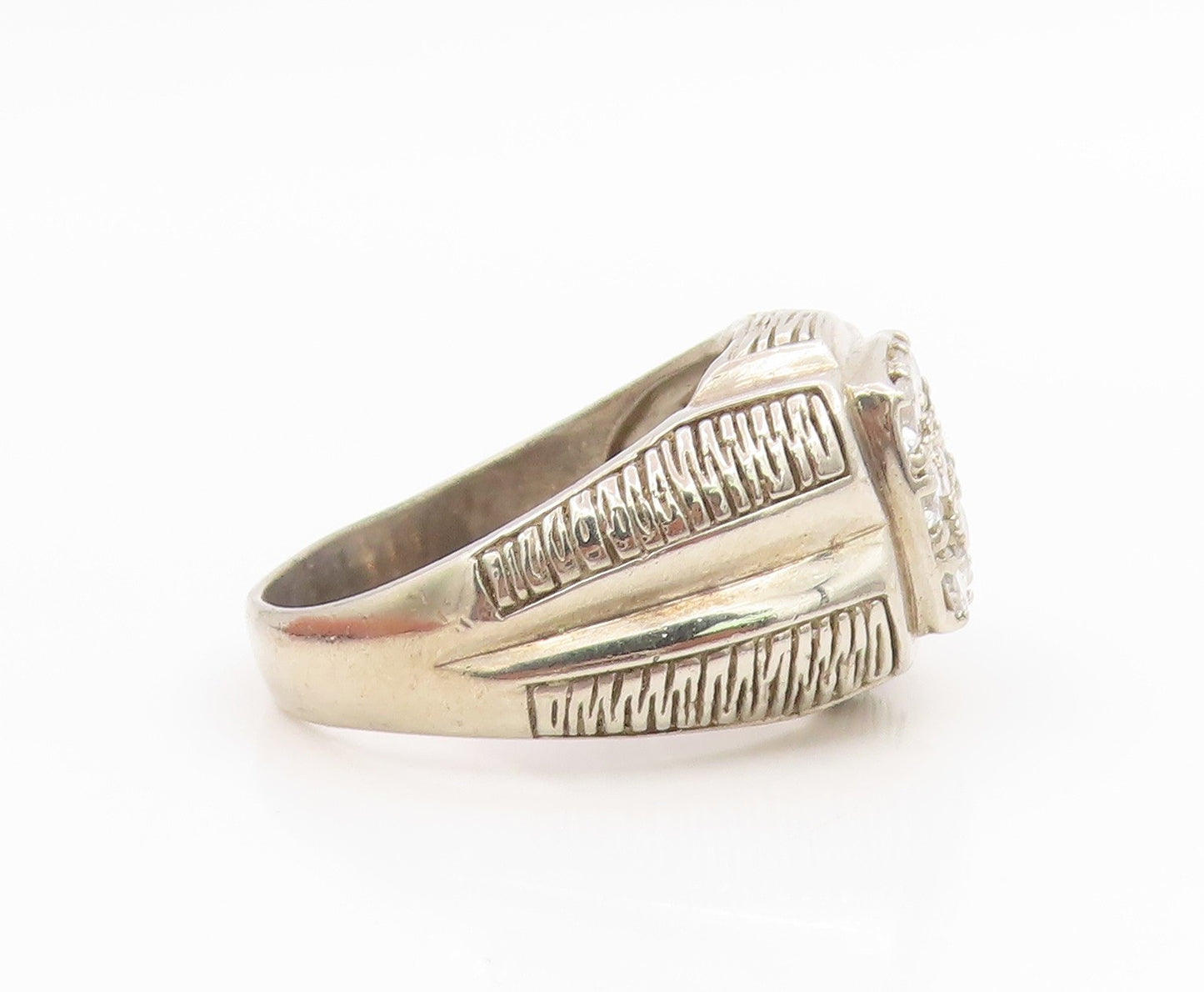 925 Sterling Silver Vintage Ring CZ Grid Etched Statement Band  Sz 13  RG35855
