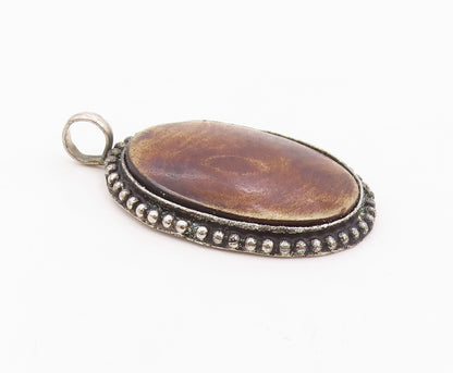 925 Sterling Silver  Vintage Brown Jasper Oxidized Bubble Trim Pendant  PT6743