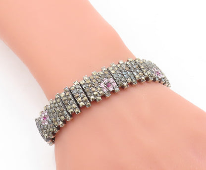 925 Sterling Silver  Topaz & Marcasite Floral Tennis Bracelet  BT1014