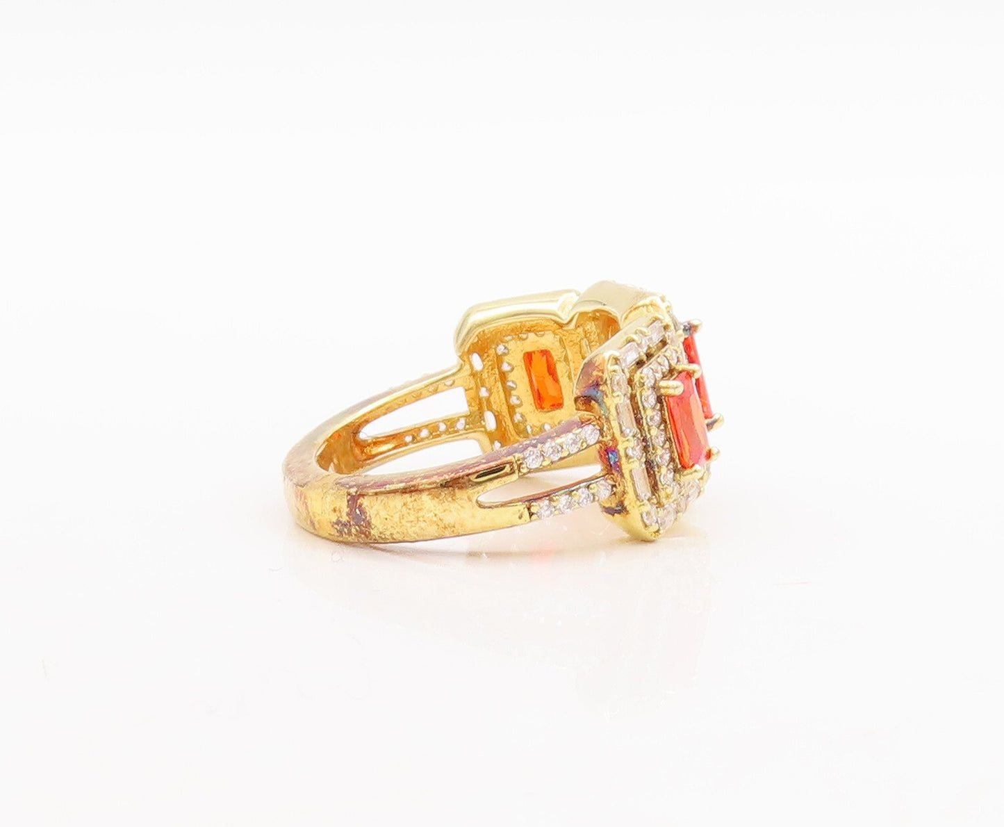 925 Sterling Silver Vintage Ring Gold Plated Orange & white CZ  Sz 7  RG29509