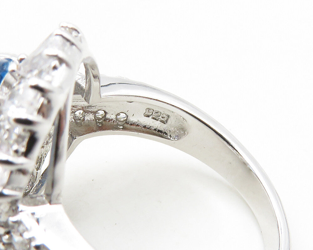 925 Sterling Silver  Shiny Blue & White Topaz Cocktail Ring Sz 9  RG18775