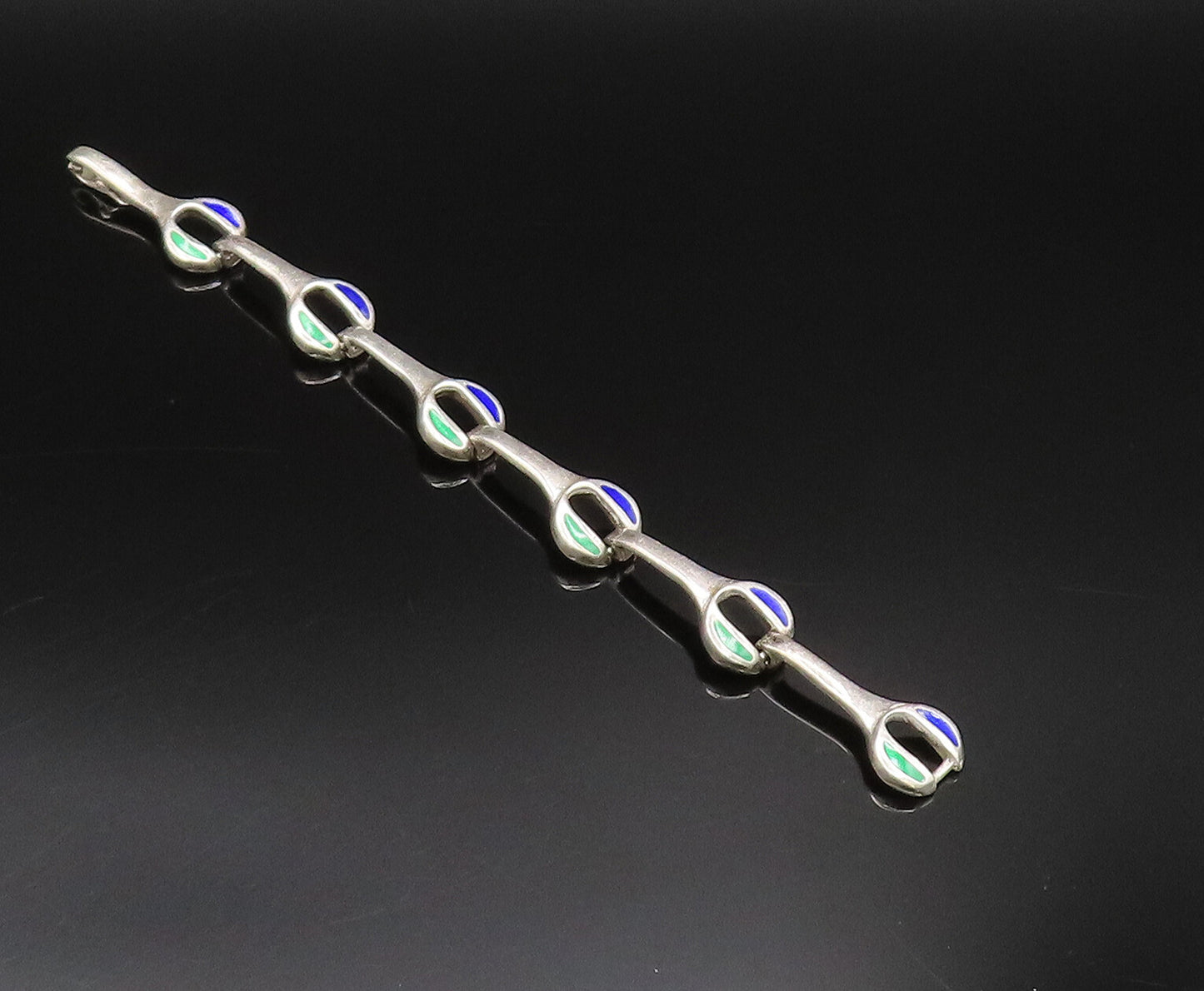 925 Sterling Silver  Vintage Green & Blue Enamel Wrench Link Bracelet  BT9708