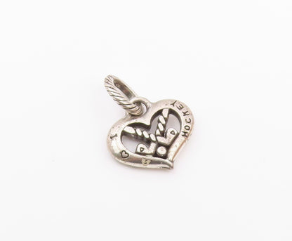 925 Sterling Silver  Vintage I Love Hockey Heart Sports Motif Pendant  PT19454