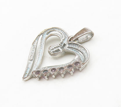 925 Sterling Silver  Vintage Pink Topaz Shiny Open Love Heart Pendant  PT13263