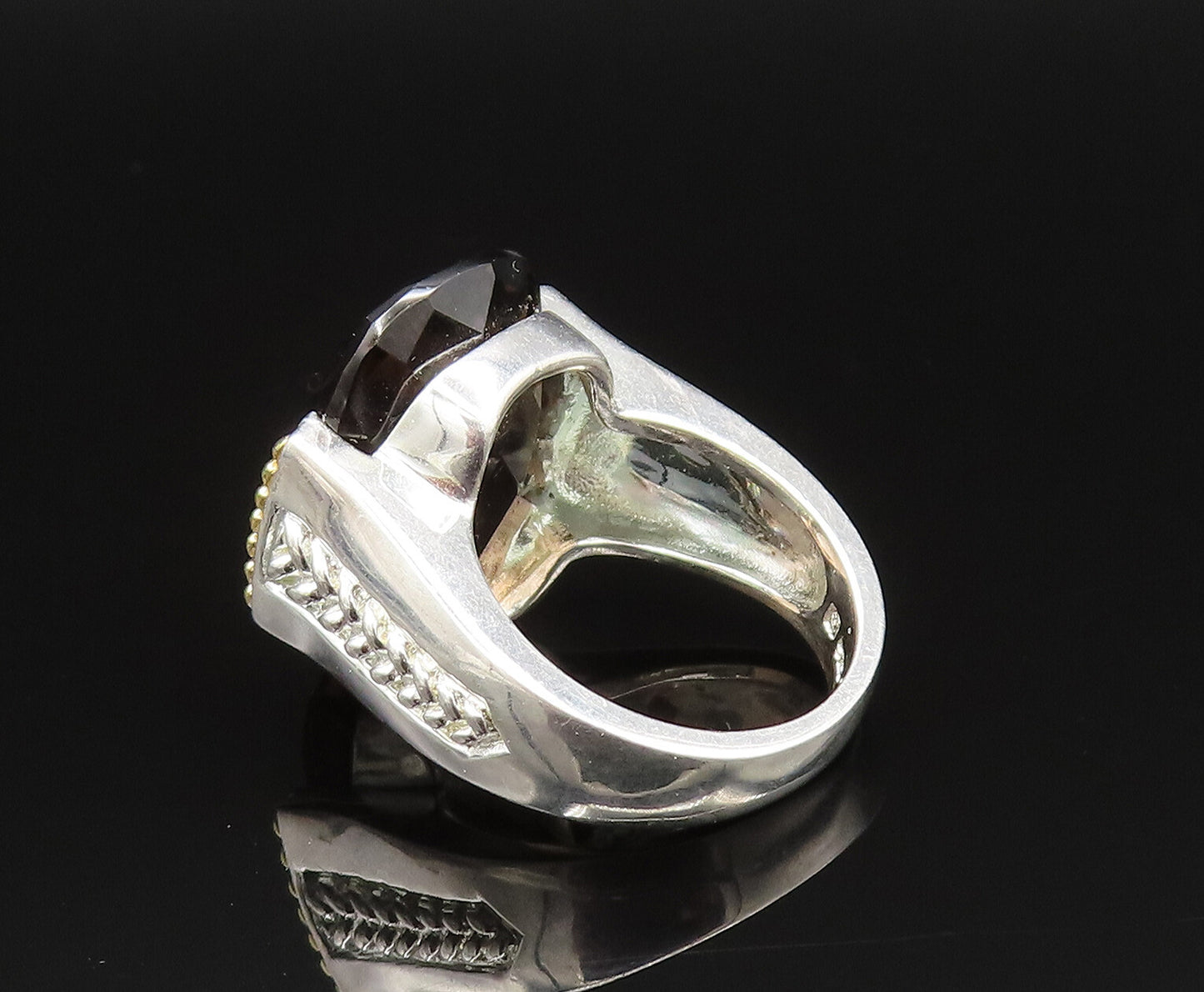 925 Silver  Vintage Two Tone Smoky Quartz Braided Shank Ring Sz 6  RG25629