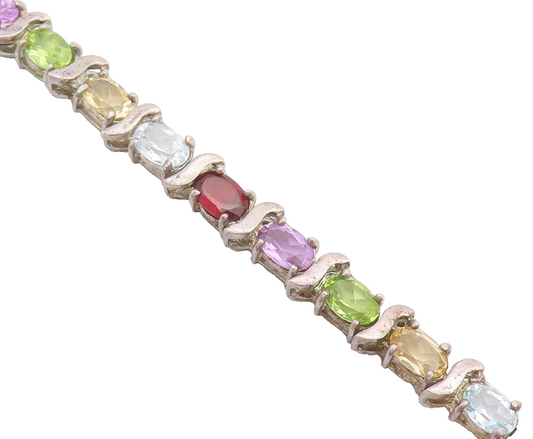 925 Sterling Silver Vintage Tennis Bracelet Rainbow Colored Oval Topaz   BT10368
