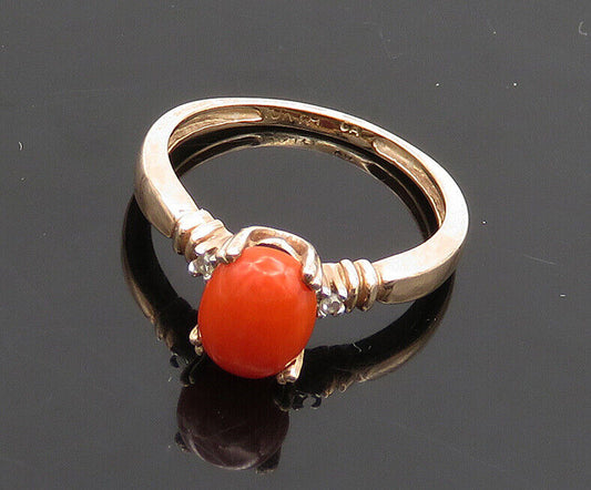 10K GOLD  Vintage Cabochon Cut Coral & Genuine Diamonds Band Ring Sz 6  GR034