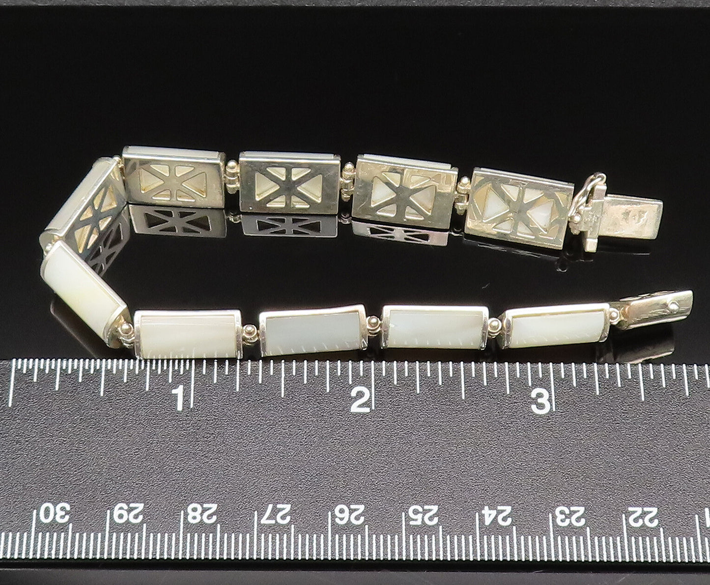 925 Sterling Silver  Vintage Rectangle Mother Of Pearl Tennis Bracelet  BT9516