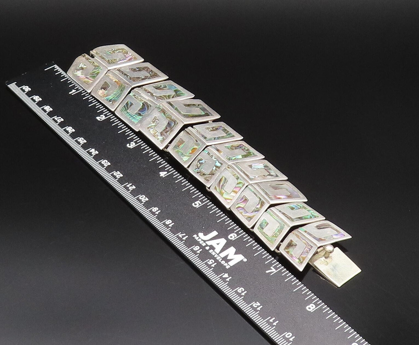 TAXCO 925 Silver  Vintage Inlaid Abalone Double Row Link Bracelet  BT9784
