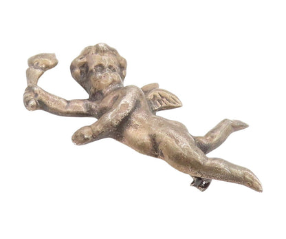 925 Sterling Silver Vintage Brooch Antique Cherub Baby Angel With Torch  BP11885