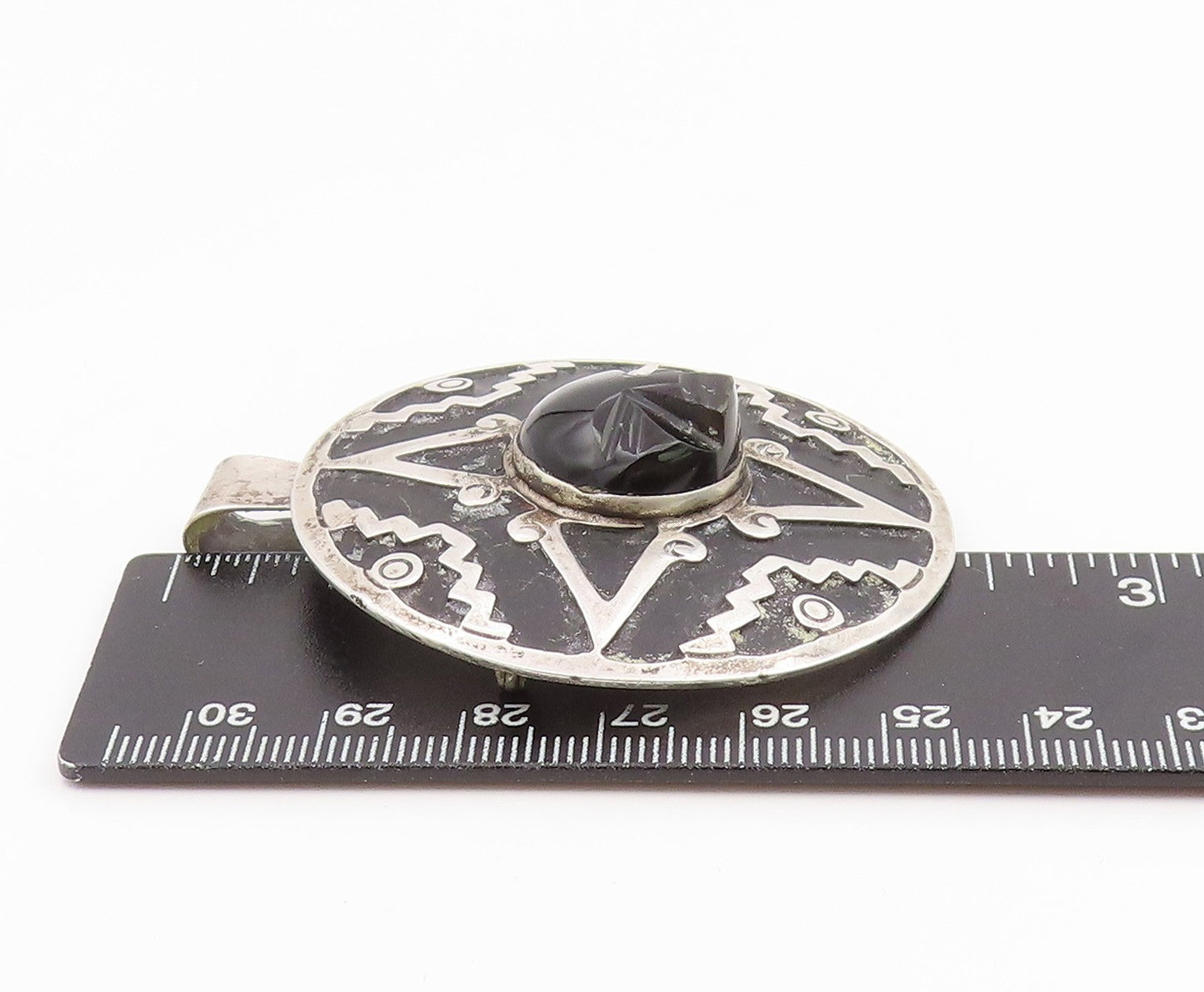 925 Sterling Silver Vintage Brooch Pin MEXICO Carved Onyx Aztec Face  BP12350