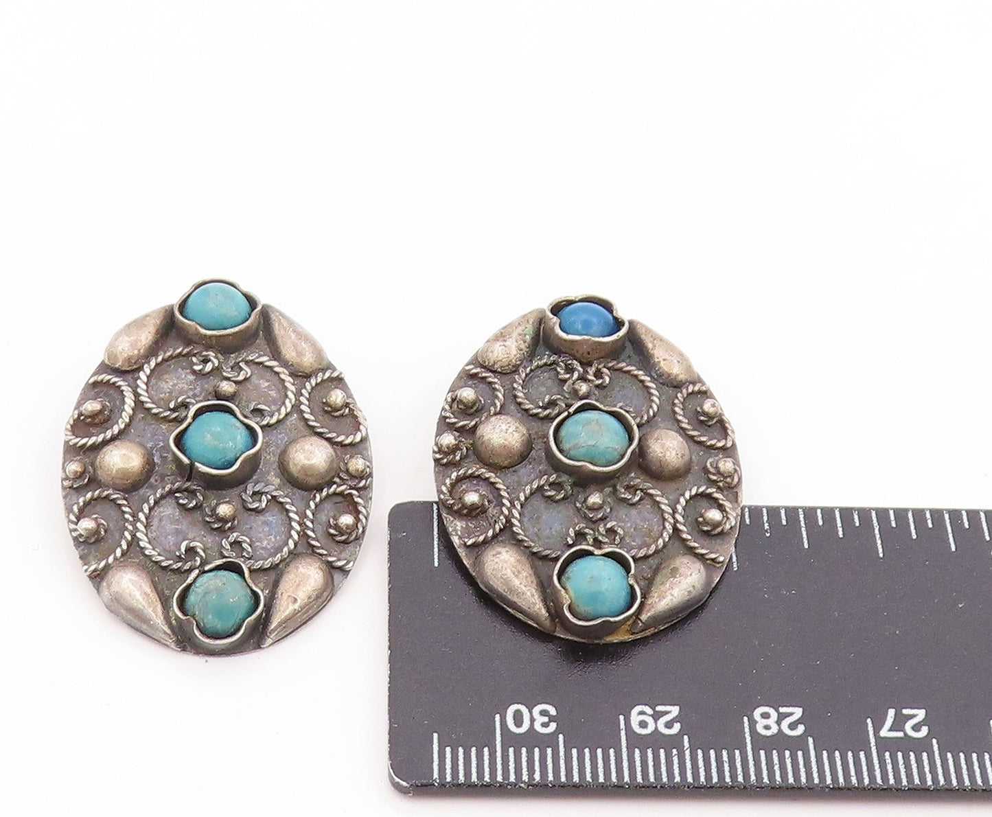 925 Sterling Silver Vintage Earrings Round Turquoise Scrollwork Clip On  EG14018