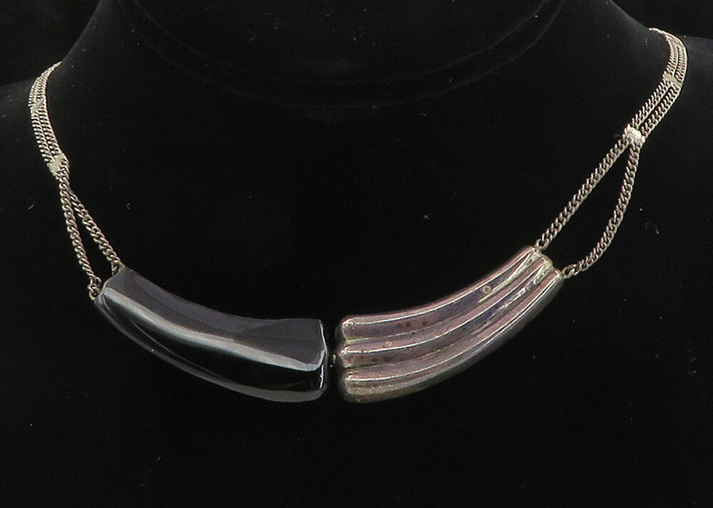 925 Sterling Silver  Vintage Black Onyx Fluted Dark Tone Chain Necklace NE1702