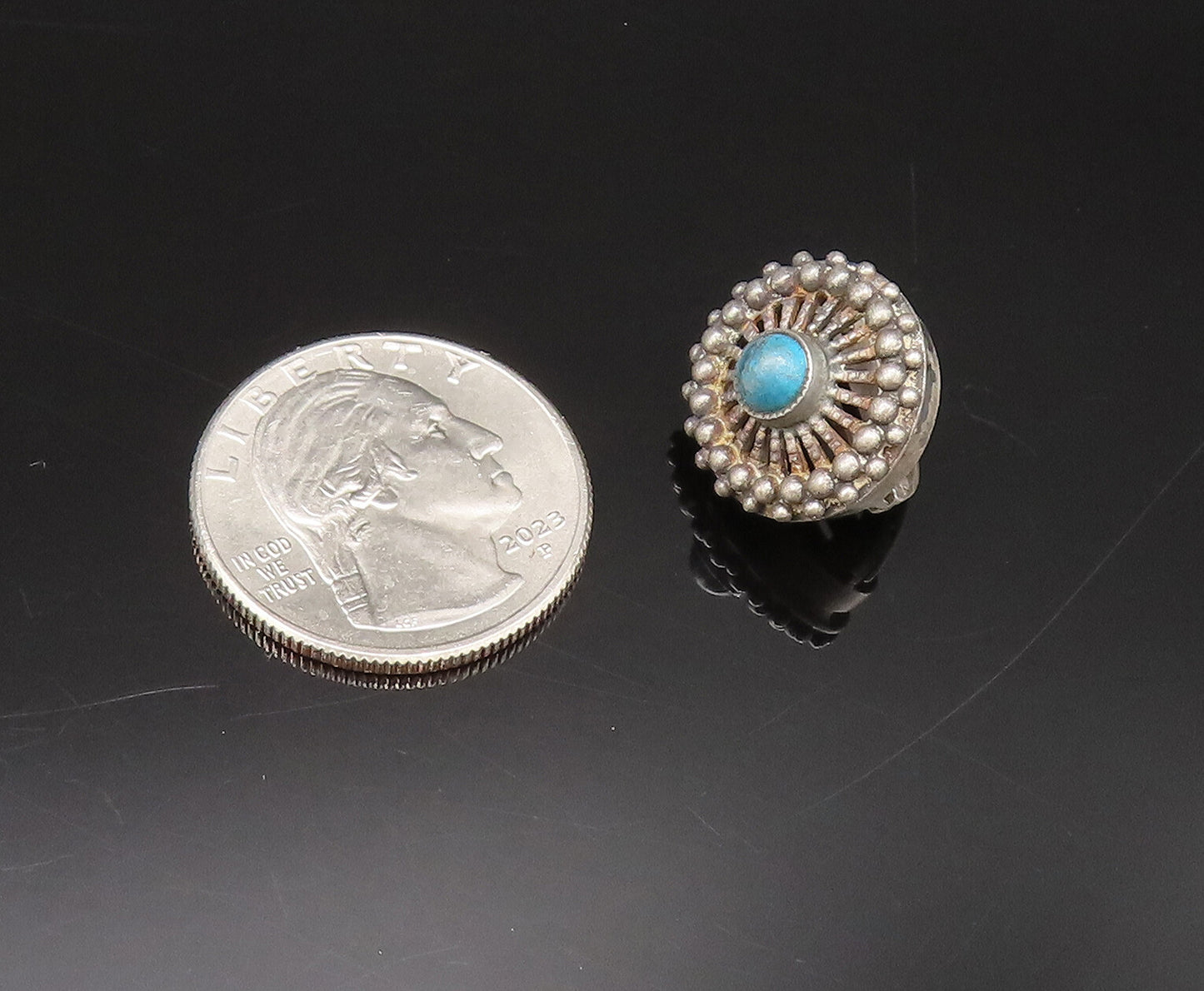 EUROPEAN 925 Silver  Vintage Beaded Edge Chrysocolla Wheel Earrings  EG12294