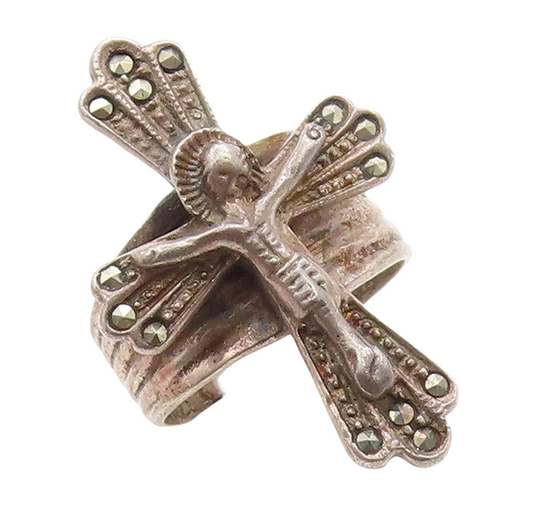 925 Sterling Silver Vintage Ring Marcasite Inlay Jesus On Cross  Sz 6  RG31328