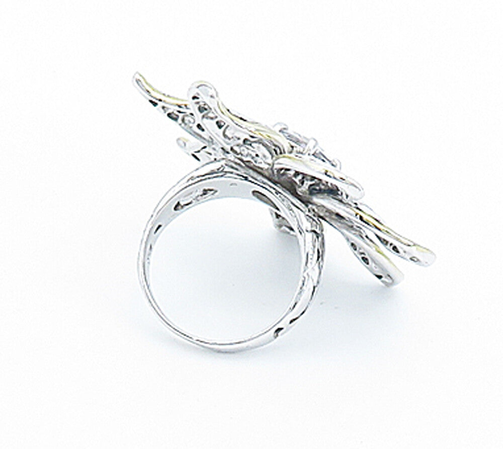 925 Sterling Silver  Cubic Zirconia Flower 2 Tone Cocktail Ring Sz 6  RG3629