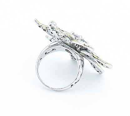 925 Sterling Silver  Cubic Zirconia Flower 2 Tone Cocktail Ring Sz 6  RG3629
