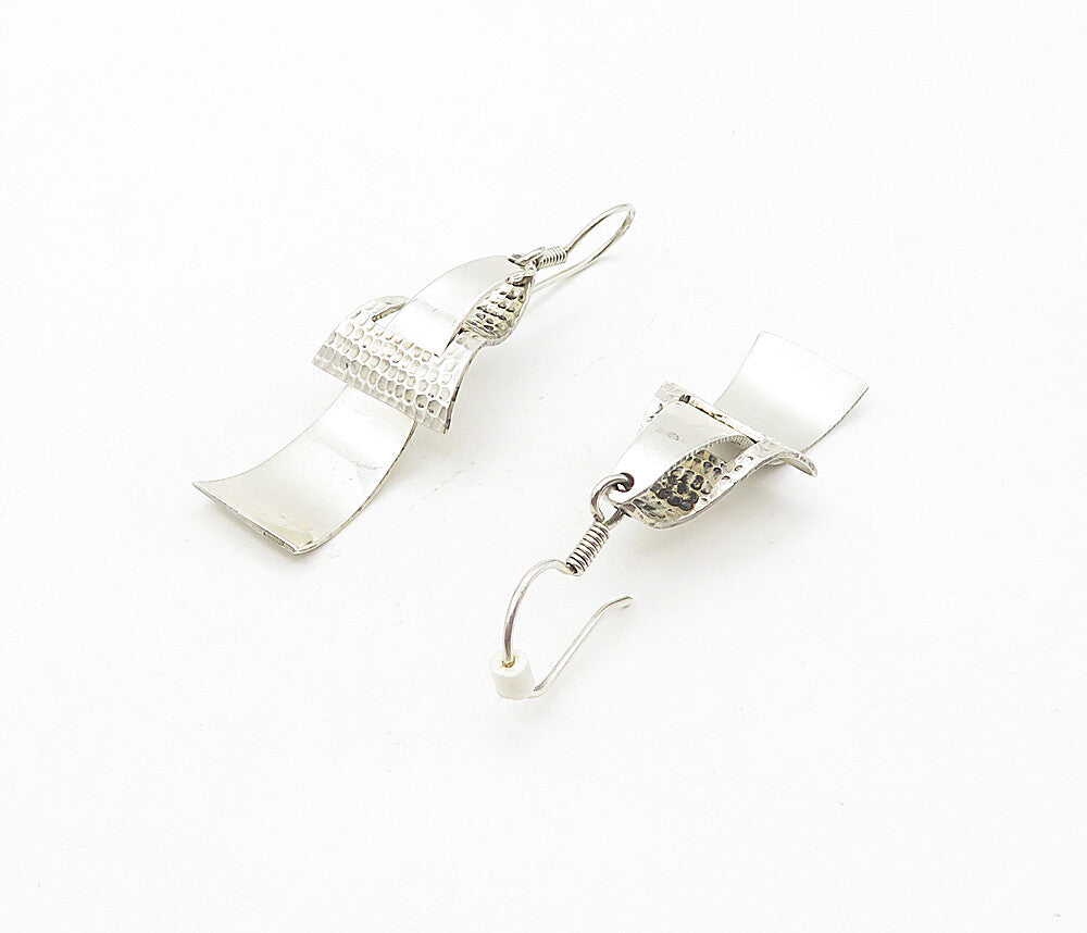 MEXICO 925 Silver  Vintage Shiny Hammered Detail Dangle Earrings  EG3961