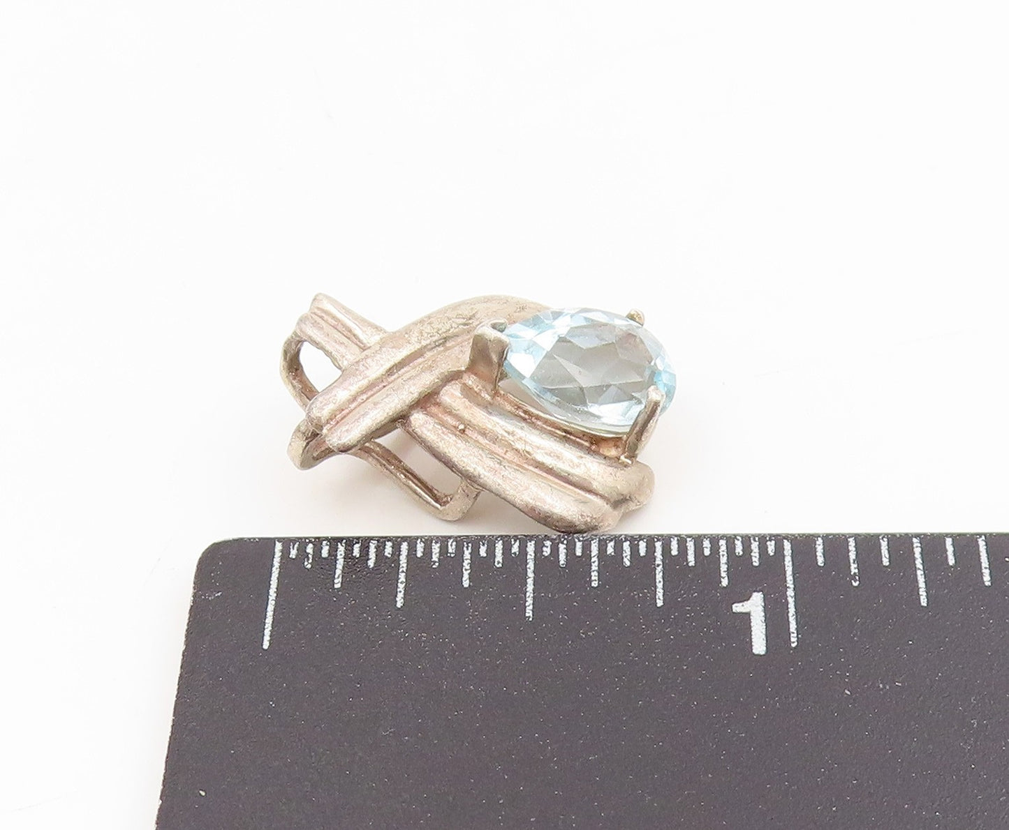 925 Sterling Silver Vintage Pendant Faceted Blue Topaz Crossover Charm  PT25480