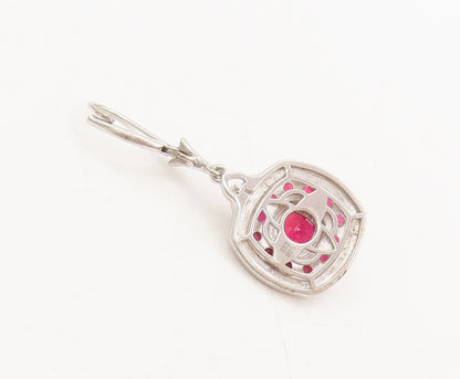 925 Sterling Silver  Vintage Multiple Ruby Square Dangling Earrings  EG12613