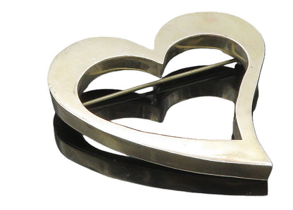 MEXICO 925 Sterling Silver  Vintage Shiny Open Love Heart Brooch Pin  BP3614