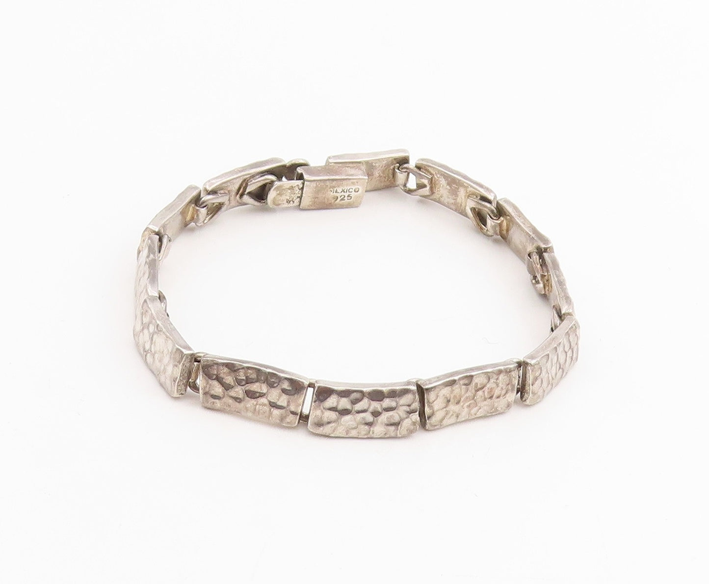 925 Sterling Silver Vintage Bracelet MEXICO Hammered Segment Link Chain  BT11414
