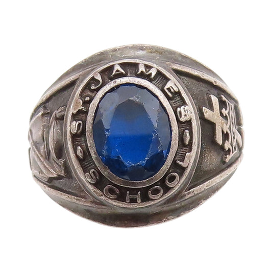 925 Sterling Silver Vintage Ring Sapphire 1969 St. James School Sz 10.5 RG33458