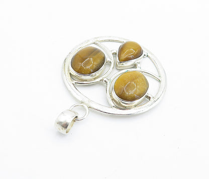 925 Sterling Silver  Vintage Cabochon Cut Tiger's Eye Shiny Pendant  PT4281