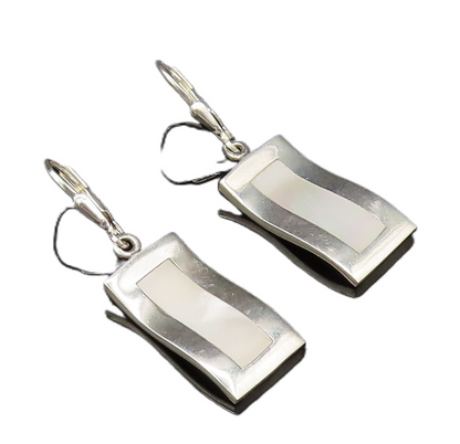 925 Silver  Vintage Inlaid Mother Of Pearl Curved Rectangle Earrings  EG11887