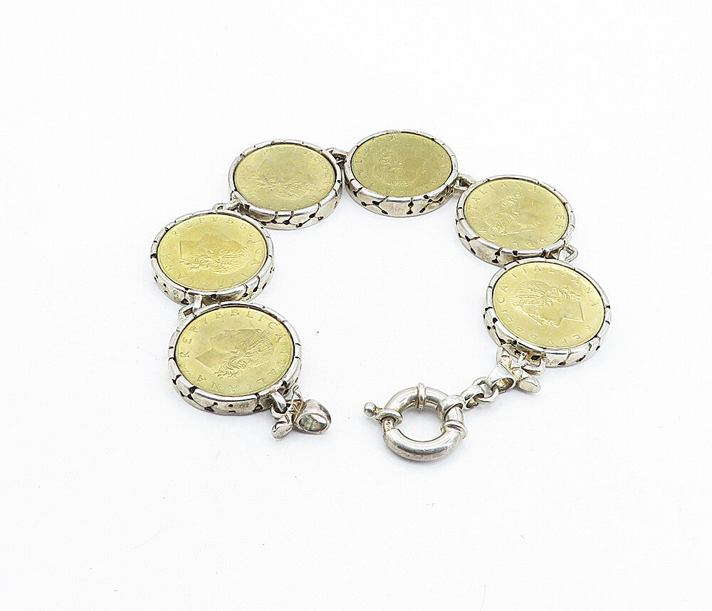 925 Sterling Silver  Vintage Two Tone Italian Coin Link Chain Bracelet  BT2537