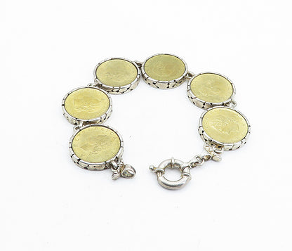 925 Sterling Silver  Vintage Two Tone Italian Coin Link Chain Bracelet  BT2537