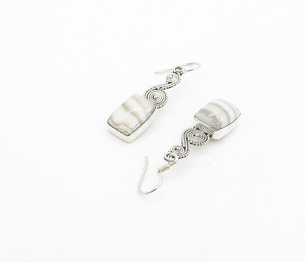 925 Sterling Silver  Vintage Cabochon Cut Agate Swirl Dangle Earrings  EG3470