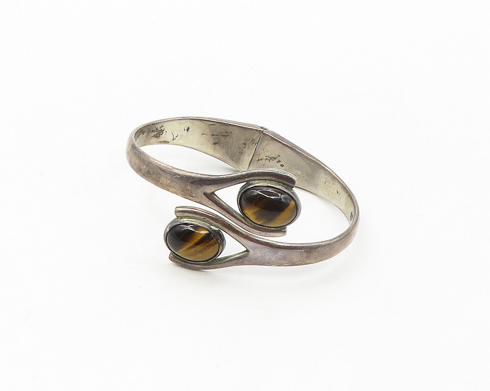 MEXICO 925 Silver  Vintage Cabochon Tiger's Eye Bypass Bangle Bracelet  BT6877